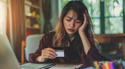 Stressed Asian Businesswoman Calculating Expenses, financial concept with credit card and looming payment deadlines. - obrazy, fototapety, plakaty