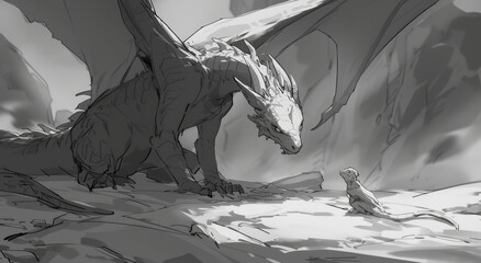  A monochrome illustration portrays a dragon adjacent to an individual perched on a boulder before a peak - obrazy, fototapety, plakaty