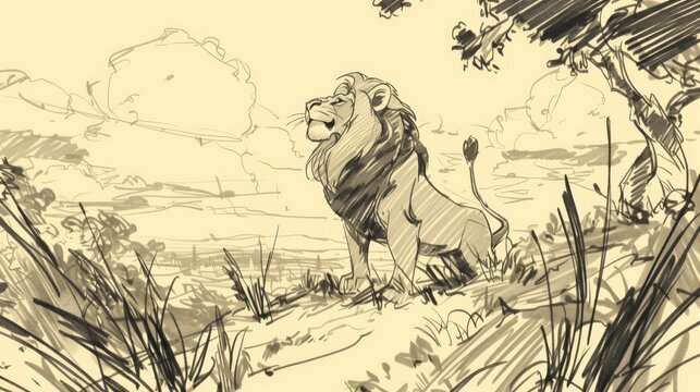  A sketch of a majestic lion standing amidst an open field, surrounded by a towering tree in the foreground and a vast blue sky overhead