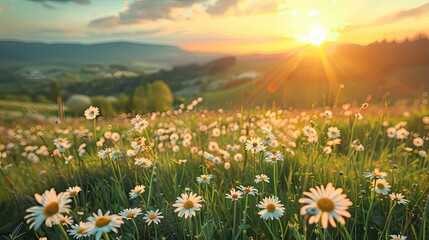 Beautiful spring and summer natural landscape with blooming field of daisies in the grass in the hilly countryside - obrazy, fototapety, plakaty