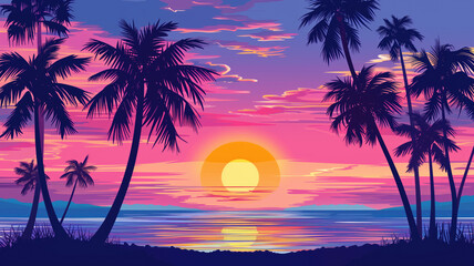Fototapeta na wymiar Gorgeous tropical sunset over beach with palm tree silhouettes Perfect for summer travel and vacation Generative AI