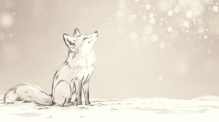  A monochrome illustration depicts a fox perched atop a snow-covered landscape, surrounded by falling snowflakes