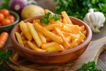 French fries in the wooden bowl  and vegetables on the wooden table. 