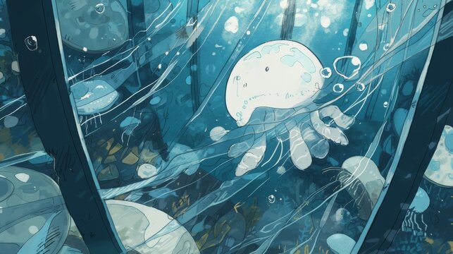  A drawing depicts two jellyfish in an underwater setting, one in front and another in back