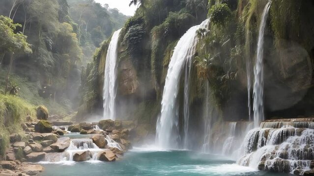 A majestic waterfall with fast flowing water creating a heart-shaking roar, surrounded by large rocks which add to the natural beauty. seamless looping time lapse animated video background	