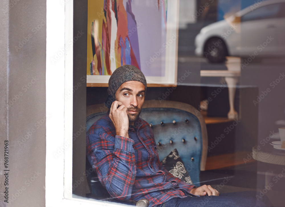 Poster phone call, serious and man by cafe window for communication, conversation or networking. confident,