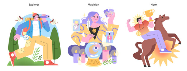 Fototapeta premium Personality Archetypes trio. Vector illustration.
