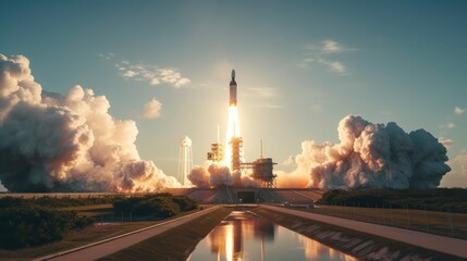 View of a space rocket taking off from the runway - obrazy, fototapety, plakaty