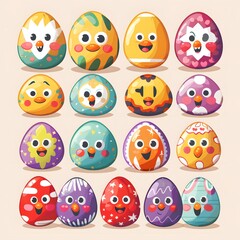 Obraz premium A collection of colorful cartoon eggs with faces.