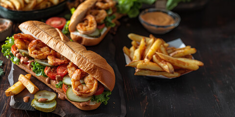 Louisiana Style Shrimp Po' Boy Sandwich with Spicy Sauce and French Fries