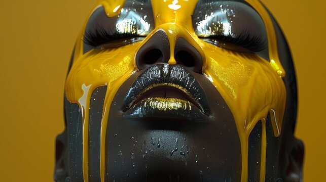  Close-up of a woman's face with yellow and black paint on her face and lips, showing her emotions vividly