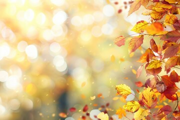 Autumn background with colorful leaves and bokeh light effects copy space