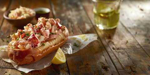 Fresh Lobster Roll with Lemon and Herbs on Rustic Wooden Table