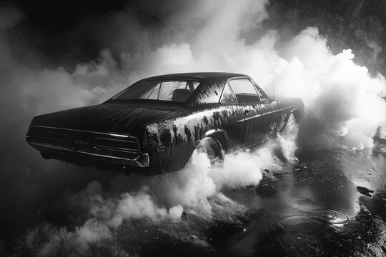 black and white image of a black car, in an explosion of smoke, on a black background