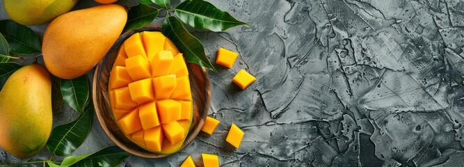 Mango cut into pieces on a wooden board with tropical leaves and fresh mangoes - obrazy, fototapety, plakaty