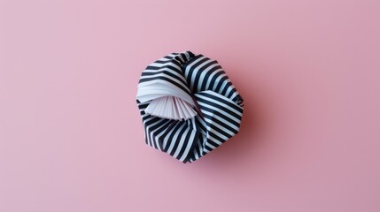  A striped black bag with a hanging tassel on pink - obrazy, fototapety, plakaty