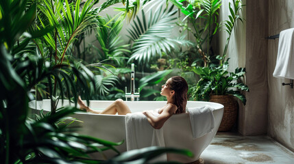 Young woman relaxing in the bath on a background with tropical plants. spa treatment, concept of body and skin care. - obrazy, fototapety, plakaty