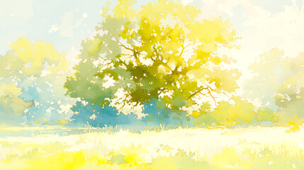 Fototapeta na wymiar 抽象的な明るい草原と樹木のある風景の水彩イラスト
