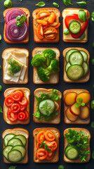 Variety of sandwiches on black background. Top view, flat lay