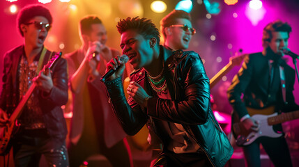 A dynamic music band passionately performs live on stage with colorful neon light stage lights enhancing the high-energy concert atmosphere.