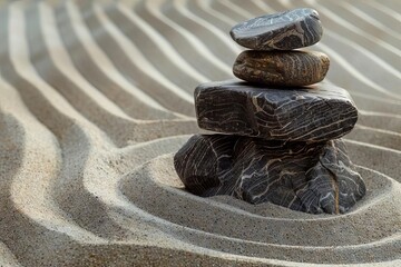 Peaceful Zen Garden with Raked Sand and Rocks, Japanese Meditation Space Photography - obrazy, fototapety, plakaty