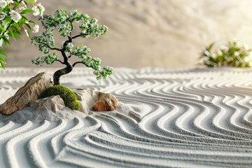 Peaceful Zen garden with raked sand, rocks, and a bonsai tree, symbolizing balance, harmony, and meditation, 3D illustration