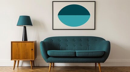  Blue couch, adjacent to table, lamp, & picture on wall