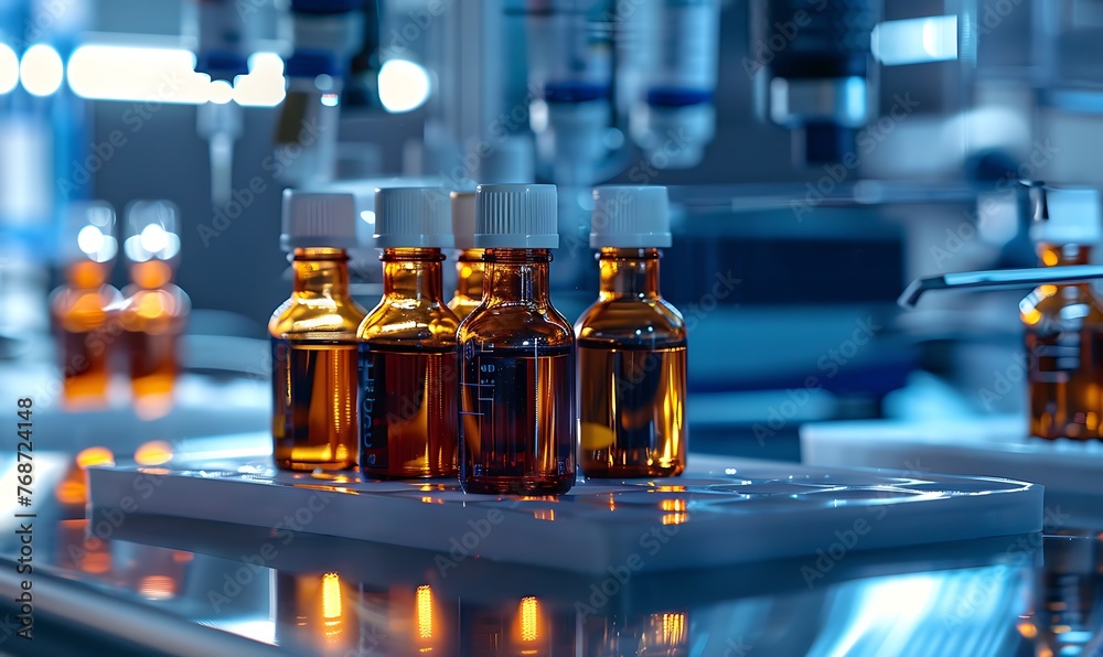 Aufkleber several bottles of reagents were placed on the lab table