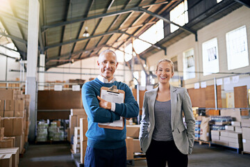 Confidence, portrait and business people in factory together with package, logistics and...