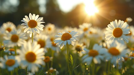  A beautiful field filled with white daisies, bathed in sunlight filtering through tall trees in the background