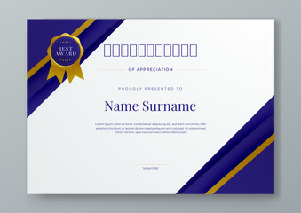 Blue gold and white vector modern luxury certificate corporate template design. For appreciation, achievement, awards, education, competition, diploma template