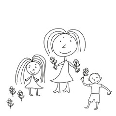 vector cartoon stick man illustration hand drawn children's drawing of happy mother, daughter and son