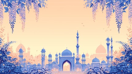 Cinematic Ramadan kareem eid islamic mosque with wisteria flower background illustration colorful for wallpaper, poser and greeting card.