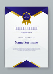 Blue gold and white vector modern luxury certificate corporate template design. For appreciation, achievement, awards, education, competition, diploma template