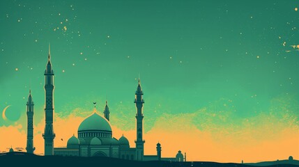 Flat green Cinematic Ramadan kareem eid islamic mosque background illustration colorful for wallpaper, poser and greeting card.