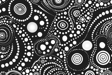 Seamless black and white polka dot pattern, abstract aboriginal art style, vector background - obrazy, fototapety, plakaty