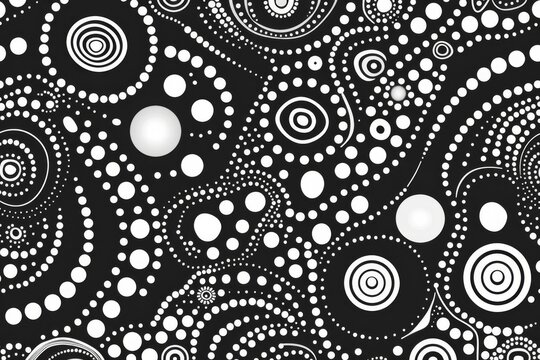 Seamless black and white polka dot pattern, abstract aboriginal art style, vector background