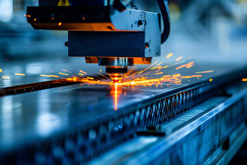 A high-powered laser cutter at work in a metal fabrication shop, illustrating precision in modern manufacturing. - obrazy, fototapety, plakaty