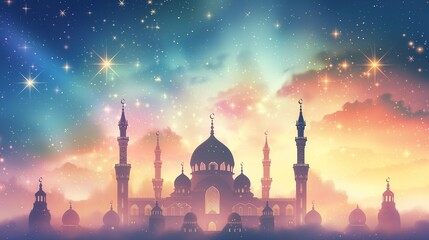 Cinematic dreamy pastel starry Ramadan kareem eid islamic mosque background illustration colorful for wallpaper, poser and greeting card. - obrazy, fototapety, plakaty