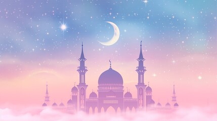 Cinematic dreamy pastel Ramadan kareem eid islamic mosque background illustration colorful for wallpaper, poser and greeting card.