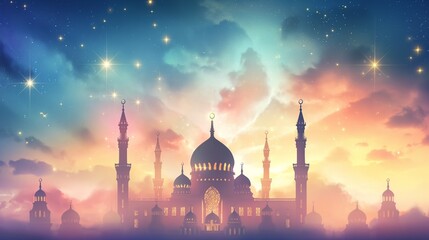 Cinematic dreamy Ramadan kareem eid islamic mosque background illustration colorful for wallpaper, poser and greeting card.