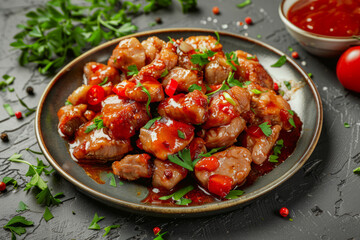 Barbecue fried pork pieces with tomato sauce. Generative AI
