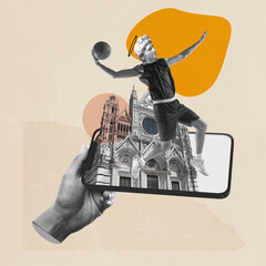 Male basketball player with antique statue bust in motion playing over phone screen with old building architecture. Contemporary art. Sport, surrealism, creativity, abstract art, retro style concept