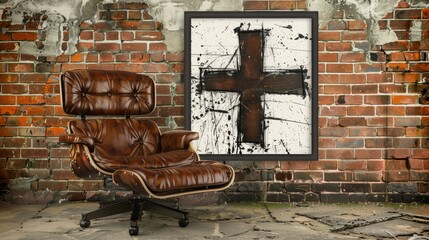  A brown leather chair, positioned against a brick wall, boasts a painted cross on its background - obrazy, fototapety, plakaty