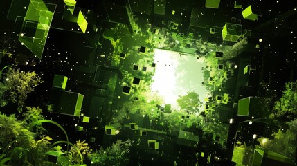  A luminous endpoint illuminates a forest-surrounded green square within a photo generated by computers