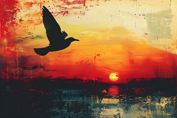 Oiseau volant au crépuscule, peinture - obrazy, fototapety, plakaty