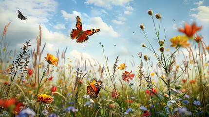 Stunning visual of vivid butterflies ascending among a mix of colorful wildflowers against a dreamy sky