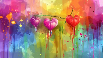  A painting of heart-shaped objects dangling from a twiggy branch - obrazy, fototapety, plakaty