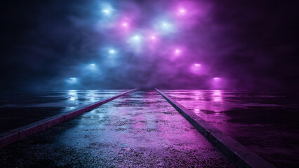 Three-Dimensional Illustration with a mystical fluorescent lights in smoky / foggy background above the wet asphalt with creepy atmosphere in cyber punk style / design 