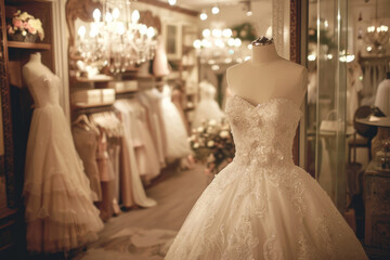 Fototapeta premium Elegant white wedding gown displayed in a boutique. Romantic ambiance in soft lighting. Generative AI